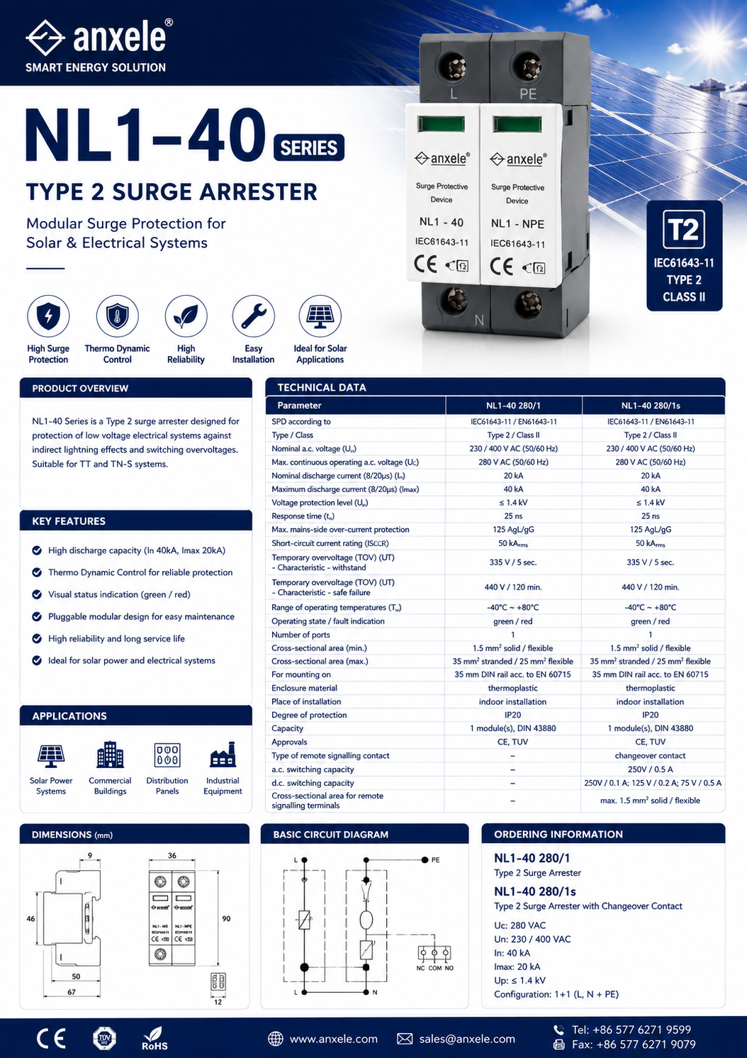 Surge AC Surge Protection Device 1P+1N 280V In : 20KA (8/20us) Imax : 40KA (8/20u T1 IEC61643-11 T1