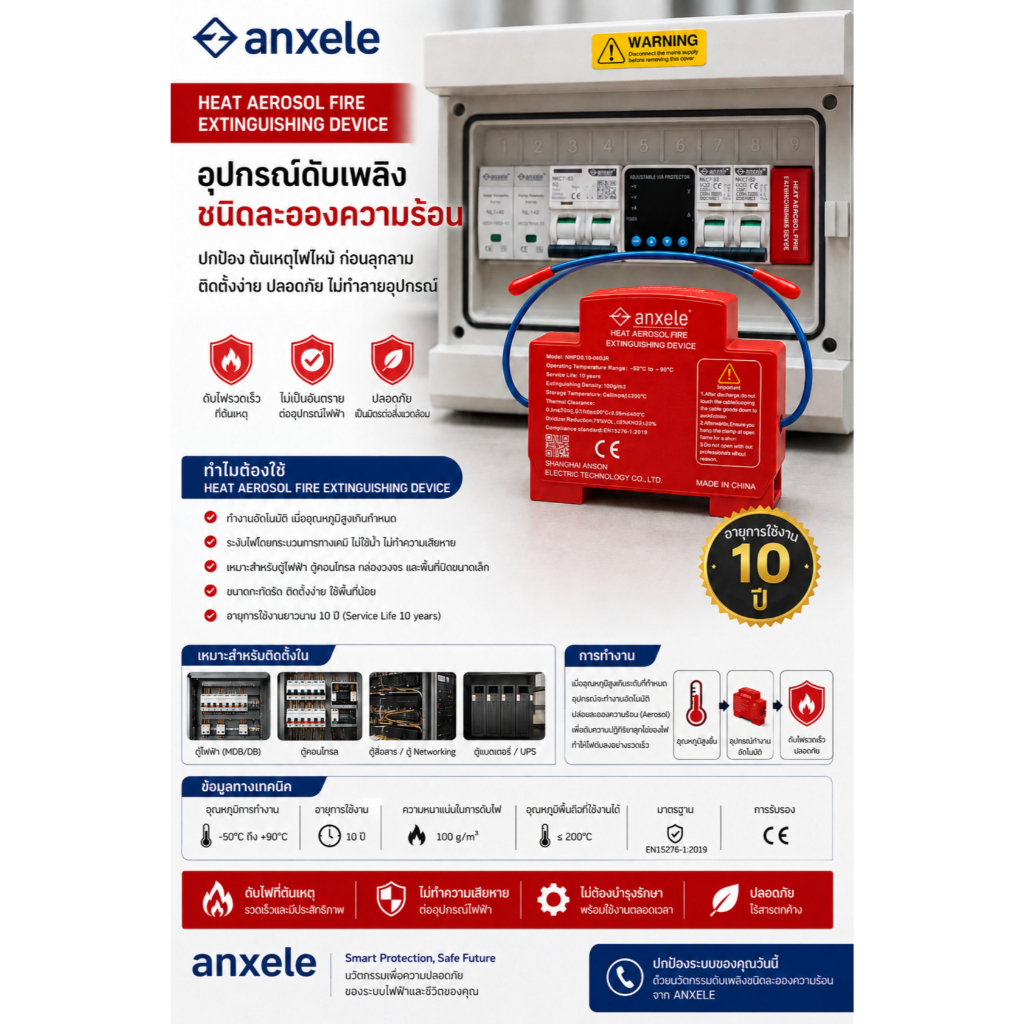 ตัวดับเพลิงอัตโนมัติ สำหับตู้ไฟโซลาร์เซลล์ Fire Extinguising Device 0.01 G Protected space 0.2 m3, EN15276-1 รับประกัน 1 ป๊