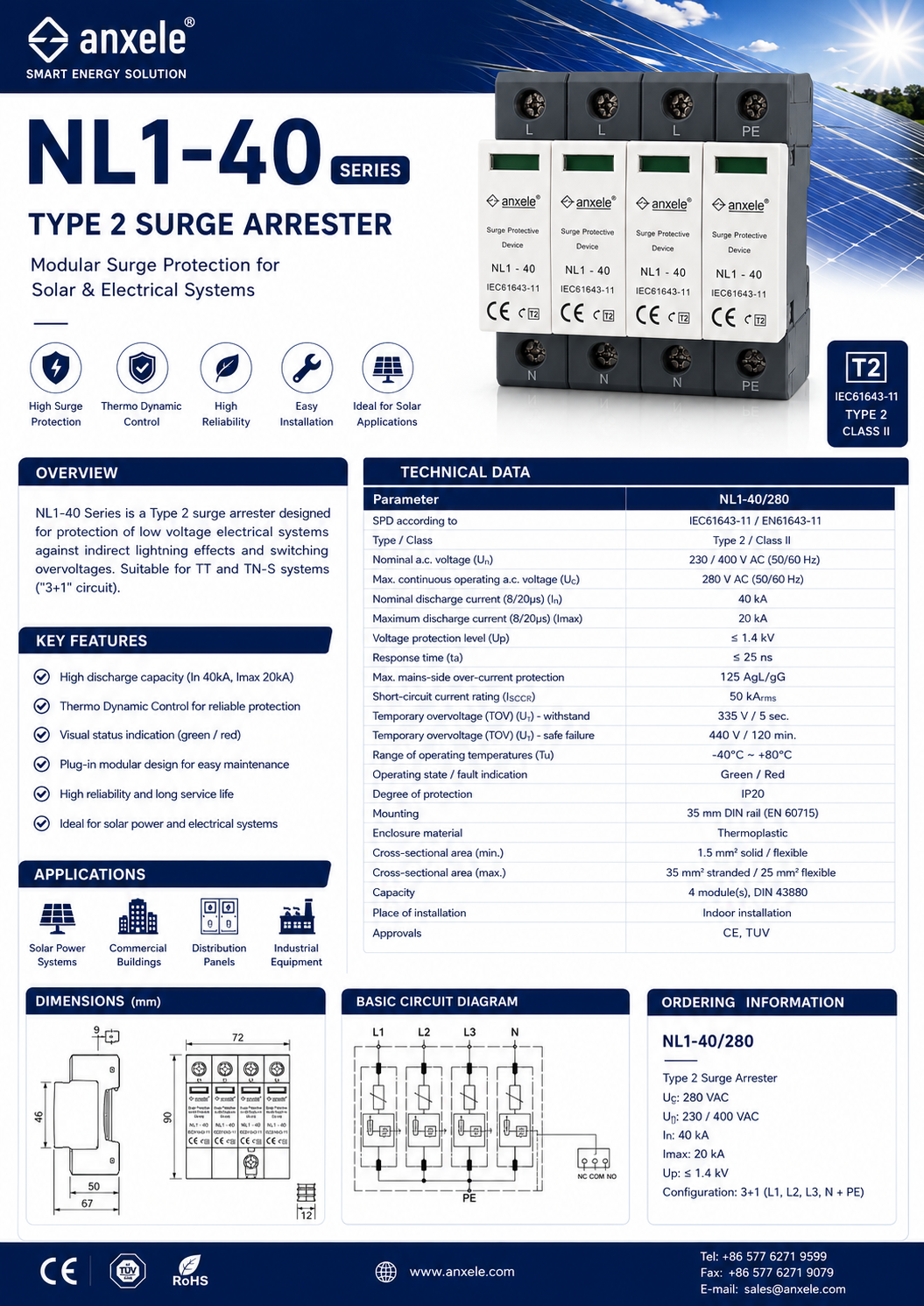 Surge AC Surge Protection Device 3P+1N 280V In : 20KA Imax : 40KA Type2 IEC61643-11 warranty 1Y