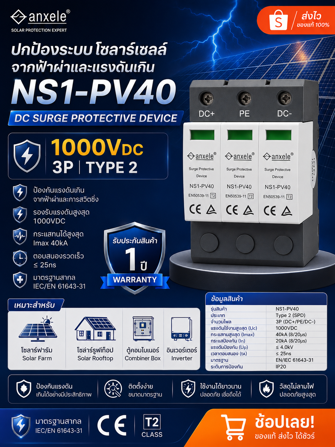 Surge DC อุปกรณ์ป้องกันไฟกระชากกระแสตรง 3P 1000V Type2 40kA (8/20 µs) มาตรฐาน IEC/EN 61643-31