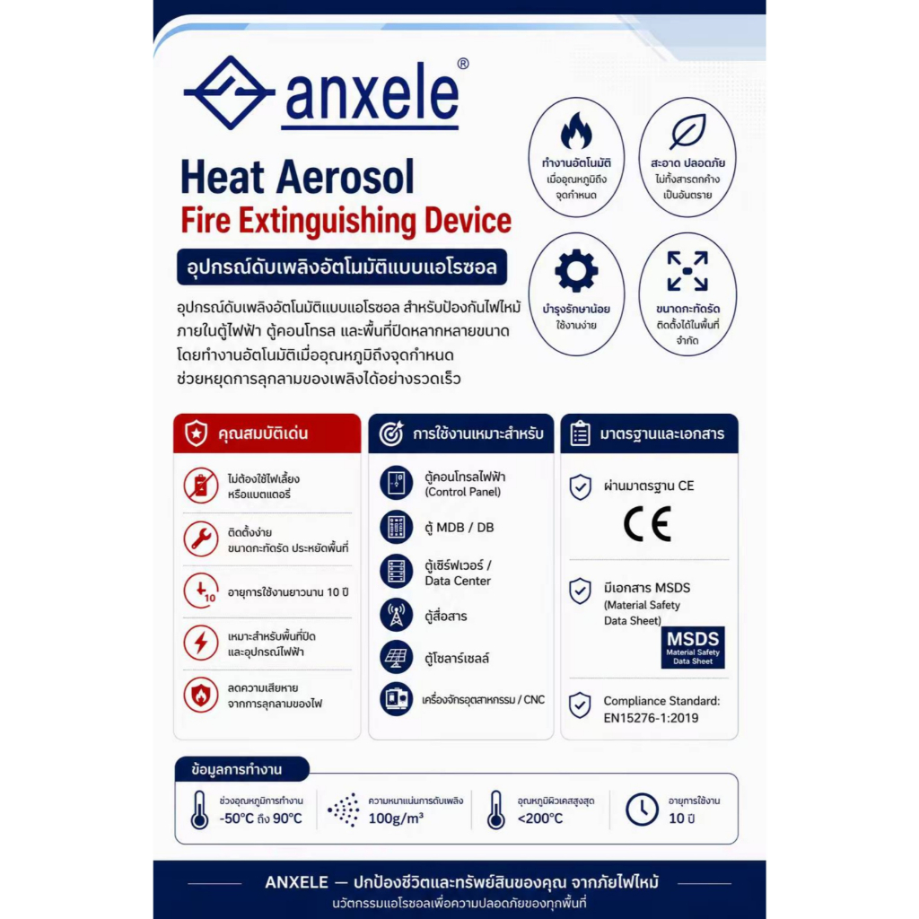 ตัวดับเพลิงอัตโนมัติ สำหับตู้ไฟโซลาร์เซลล์ Fire Extinguising Device 0.01 G Protected space 0.2 m3, EN15276-1 รับประกัน 1 ป๊