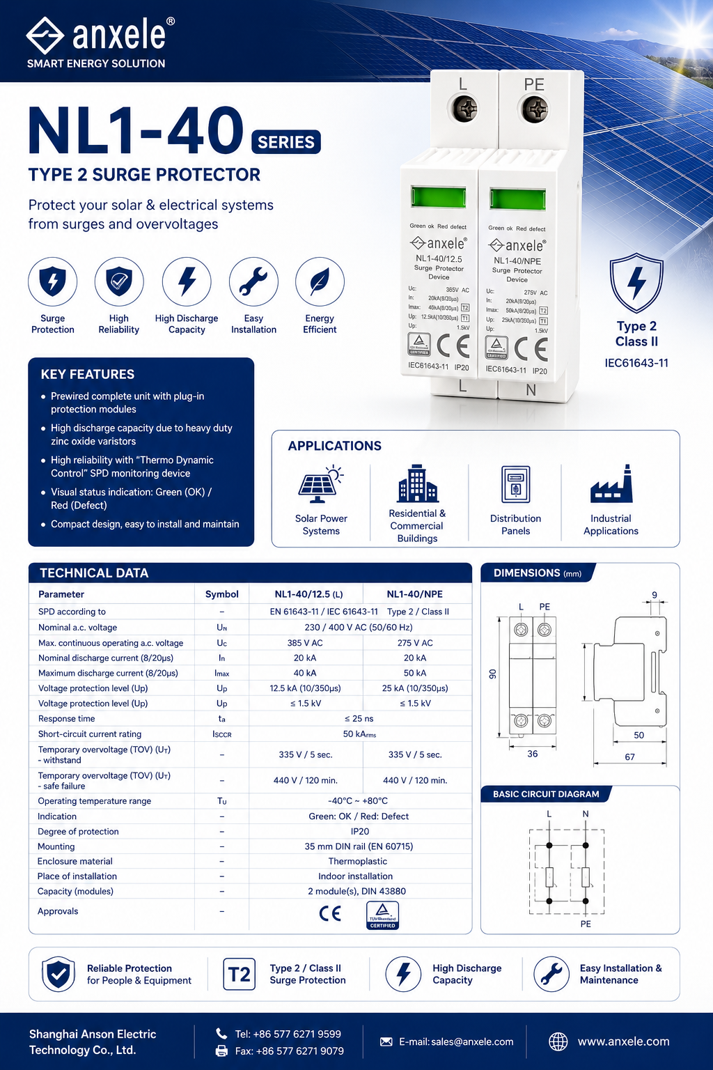 Surge AC Surge Protection Device 2P 385V In : 20KA Imax : 40KA Iimp : 12.5KA T1+T2